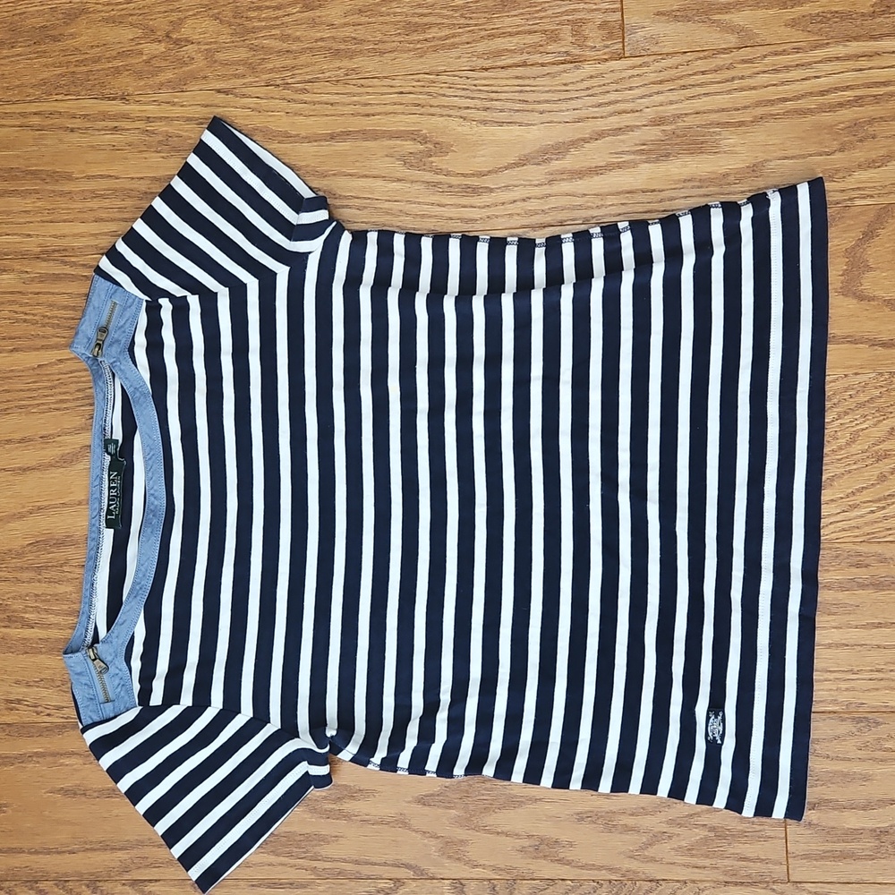 LRL Ralph Lauren Top Womens Boat Neck Zip Shoulder Striped Navy Shirt sz Large